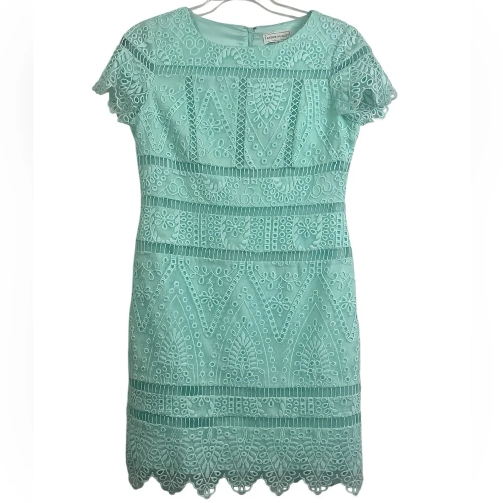 Katherine Kelly pastel green eyelet embroidered sheath dress. Size 10 GUC - Picture 6 of 7
